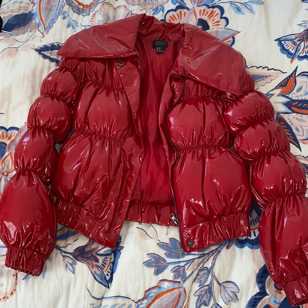 Red vinyl puffer jacket